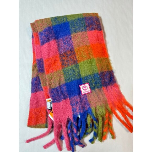 TIMBERLAND multi-check fuzzy long fringes women's winter scarf -Fruit/Multicolor - Picture 1 of 6